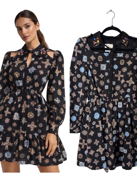Line & Dot Dresses & Skirts - NWT Line & Dot Black Jewel Print Rhinestone Collar Long Sleeve Mini Dress Small